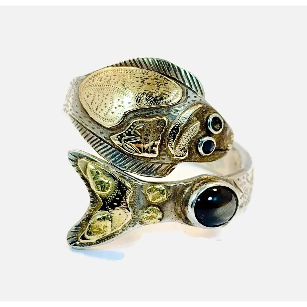 Vintage Fish Ring, Sterling Silver, By-Pass, Obsidian Spinel Handcrafted Size 12